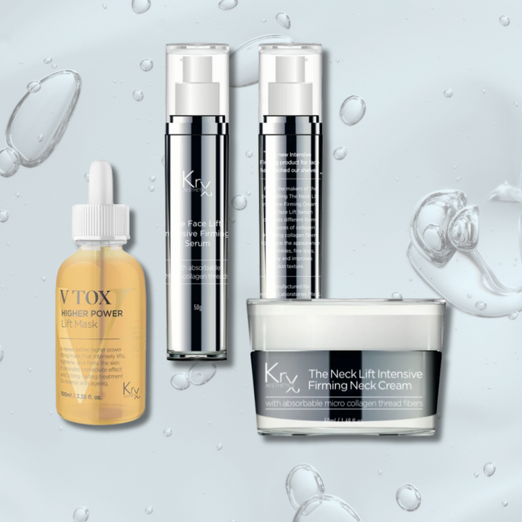 overzicht van een aantal producten van KRX Aesthetics zoals facial lift creme en firming neck creme met een lichtblauwe achtergrond met daarop waterdruppels 